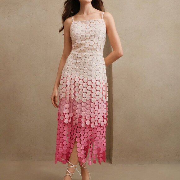 Pink Elegant Women's Round Tassel Hollow Out Embroidery High Waist Slip Dress - Picture 6 of 8